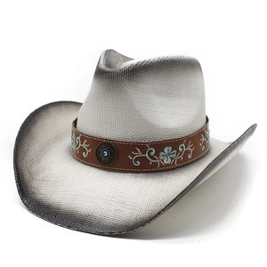 Chapeau de cowboy en paille pour femme avec ruban brodé et bordure dégradée