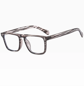 Detailed close-up of retro square sunglasses with grey and brown wood grain texture frame