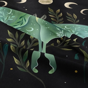 Bohemian Luna Moth and Moon Phase wall tapestry with lush green botanical leaf patterns
