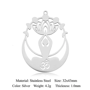 Detailed specs of silver lotus yoga pendant in stainless steel with 32x43mm dimensions