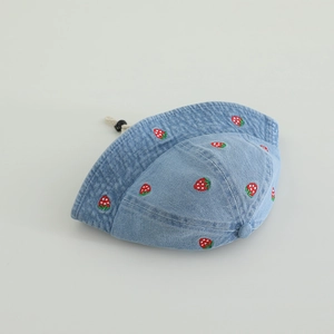 Detailed strawberry embroidery on light blue denim toddler sun hat with windproof drawstring