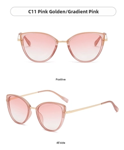 Cat eye sunglasses detail with pink golden metal frame and gradient pink lenses