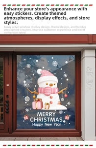 Detail of Christmas snowman window stickers with gift boxes and Merry Christmas text