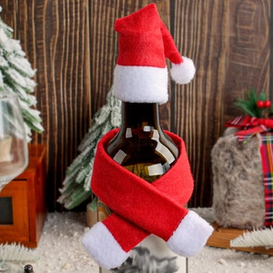 Christmas wine bottle decoration set with mini red and white plush hat and scarf