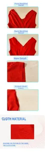 Detailed view of red jumpsuits V-neckline side pockets and textured fabric material