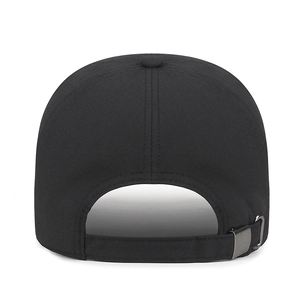 Rear view of minimalist black cotton baseball cap with adjustable metal buckle strap