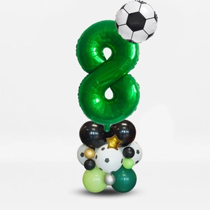 Detailed soccer theme 8th birthday balloon set with green number 8 and football foil