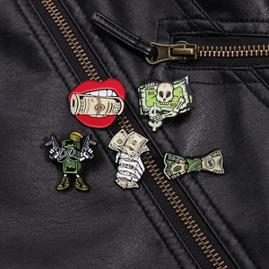 Detailed close-up of five creative alloy enamel pins with dollar and skull themes