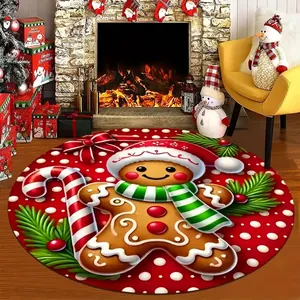 Detailed Christmas round rug featuring gingerbread men and candy canes in a cozy home setting