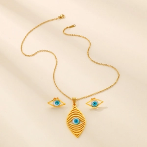 Bohemian gold stainless steel jewelry set featuring blue evil eye necklace and earrings