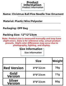 Detailed size chart for mini Christmas tree ornaments with pine needles and balls