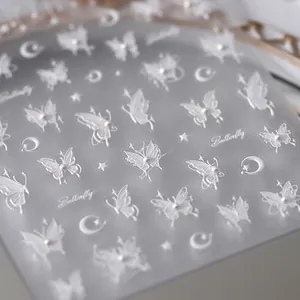5D Embossed Butterfly Nail Art Stickers Self Adhesive Elegant Moon Star White Artificial Pearl Manicure Decals