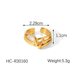 Detail view of knotted 18K gold stainless steel ring with size and weight parameters