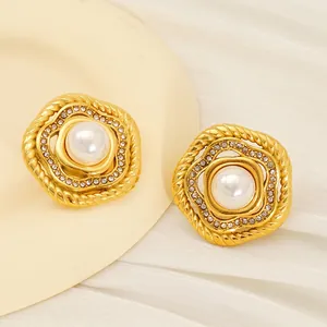 Vintage Round Artificial Pearl Stud Earrings 18K Gold Plated Stainless Steel Zircon Inlaid Elegant French Retro Jewelry For Women