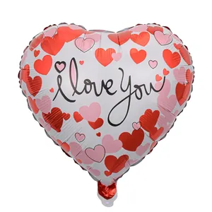 Detailed view of 18 inch white heart balloon with I Love You print and red heart motifs