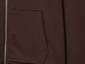 Detailed close-up of the metal zipper and pocket stitching on dark brown fleece hoodie