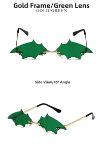 Front and side view of gold bat-wing sunglasses with green lenses and rivet detail