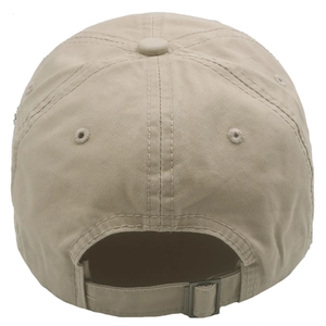 Detail view of khaki cotton baseball cap with adjustable strap and metal buckle