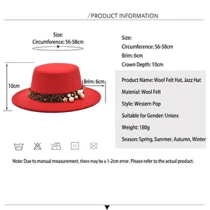 Chapeau fedora en laine rouge avec ruban léopard et perles incluant les mesures