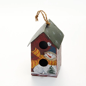 Nichoir de Noël en métal rouge avec motifs de bonhomme de neige pour sapin et table
