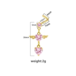 Gold-tone L-shaped nose stud with pink heart zirconia and wings pendant dimension details