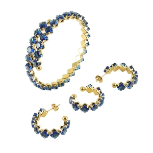 Luxurious gold-plated jewelry set featuring square blue gemstones with bracelet and earrings