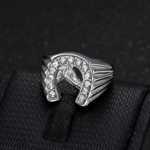 Hip hop titanium steel horse head ring with sparkling crystals for men in silver finish