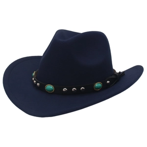 Chapeau de cowboy en feutre bleu marine avec clous turquoise et rivets sur bande en cuir
