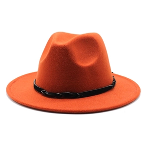Detail of orange wool fedora hat featuring a black braided leather decorative band