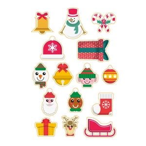 Detailed view of various festive Christmas stickers featuring Santa, snowmen, and reindeer