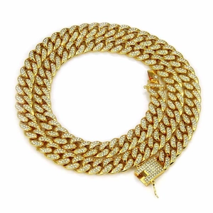 13mm Men's gold iced out Miami Cuban link chain necklace with full crystal rhinestones