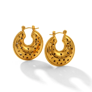 Golden stainless steel hoop earrings featuring cut-out star and moon celestial patterns