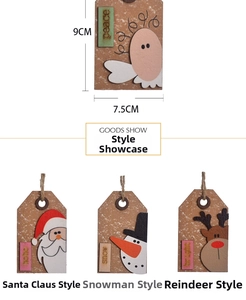 Detailed view of wood Christmas ornaments featuring Santa and reindeer designs