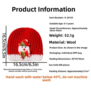 Detailed size chart for the Christmas snowman baby knit hat with dimensions and specs
