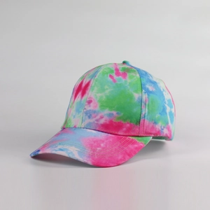 Side view of trendy tie-dye baseball cap with pink and blue graffiti print details