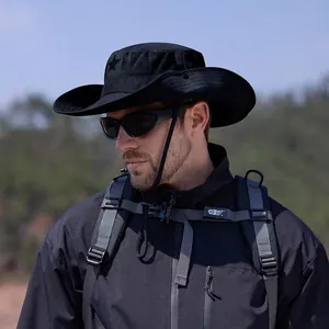 Outdoor wide brim black sun hat with adjustable wind rope for hiking and fishing sports