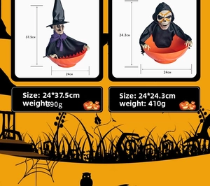 Detailed dimensions of Halloween animated candy bowls in witch and skeleton ghost designs