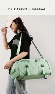 Detail of mint green gym bag with adjustable strap and multiple zipper compartments