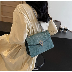 Green snake-patterned crossbody bag with a metal chain strap shown from a side profile
