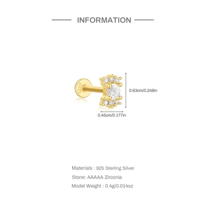 Detailed diagram of 925 silver zircon stud showing 0.63cm length and material specs