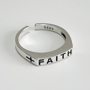 Minimalist S925 sterling silver open ring featuring a Faith cross design on a flat band