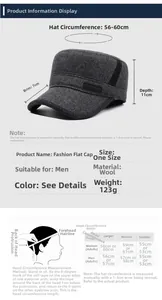 Detailed size chart for men's winter flat top hat showing measurements and dimensions