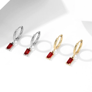 Vintage zircon rectangular red gemstone drop earrings in gold and silver stainless steel