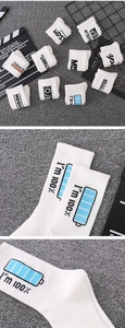 Close-up of white crew socks featuring street style typography and knitted texture