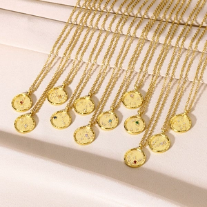 Golden 18K gold plated constellation coin necklace with colorful zircon birthstones