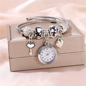 Elegant Alloy Silver Beaded Charm Bracelet Watch For Women Rhinestone Heart Key Pendant Quartz Watch Fashion Jewelry Gift