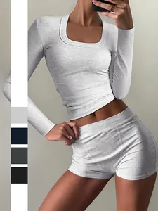 Women Ribbed Viscose Elastane Top And Shorts Outfits Slim Fit Yoga Fitness Sporty Loungewear Casual Solid Color