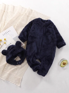 Navy plush baby hooded romper suit with cute bear ears and matching warm winter hat