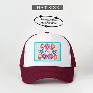 Detailed size guide for God Is Good trucker hat with adjustable 56-58cm circumference