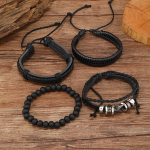 Men's minimalist four-piece black leather and beaded bracelet set with star charms